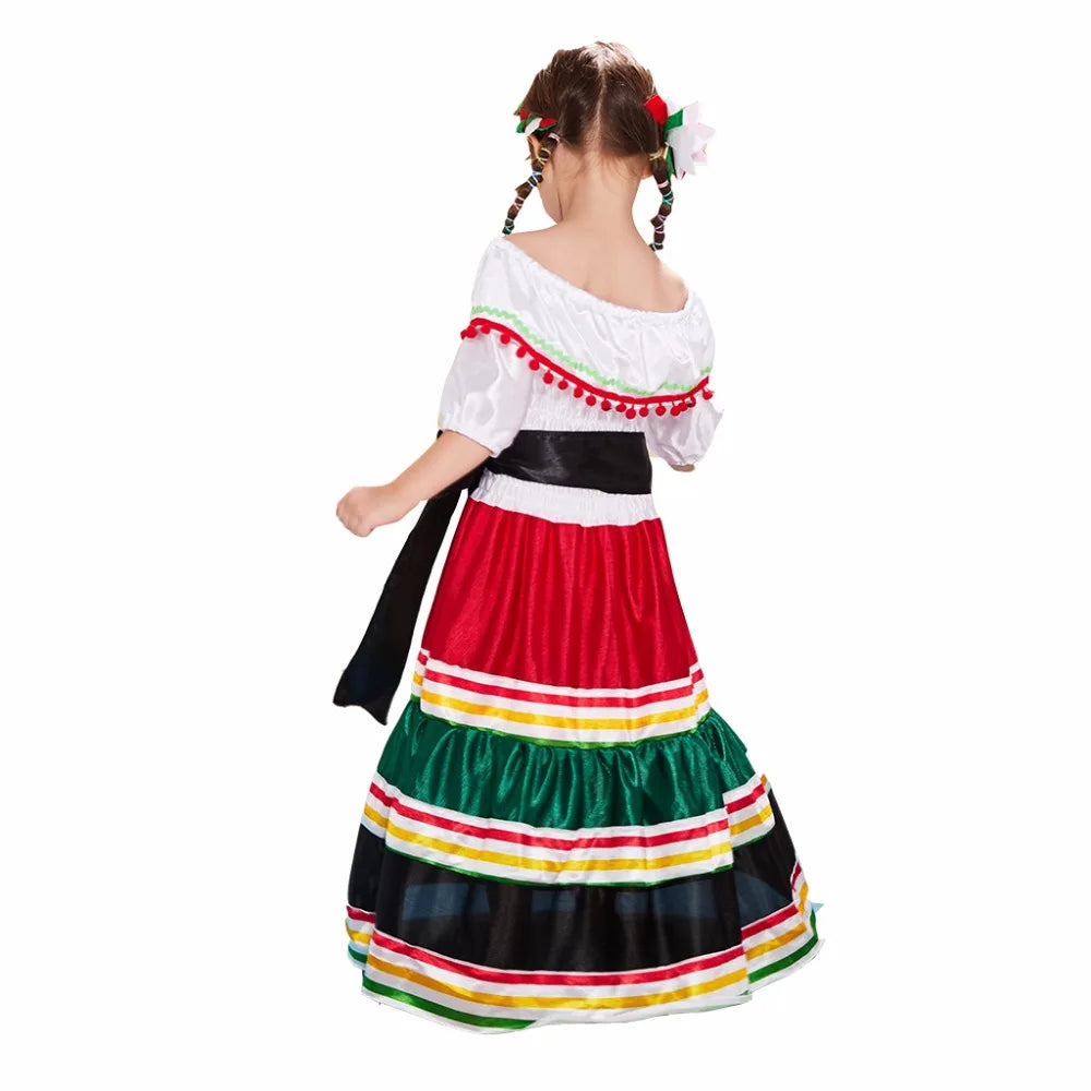 Eraspooky Traditional Folk Mexican Dress Women Girls Halloween Costume For Girl Mexico Carnival Party Family Dance Fancy Dress