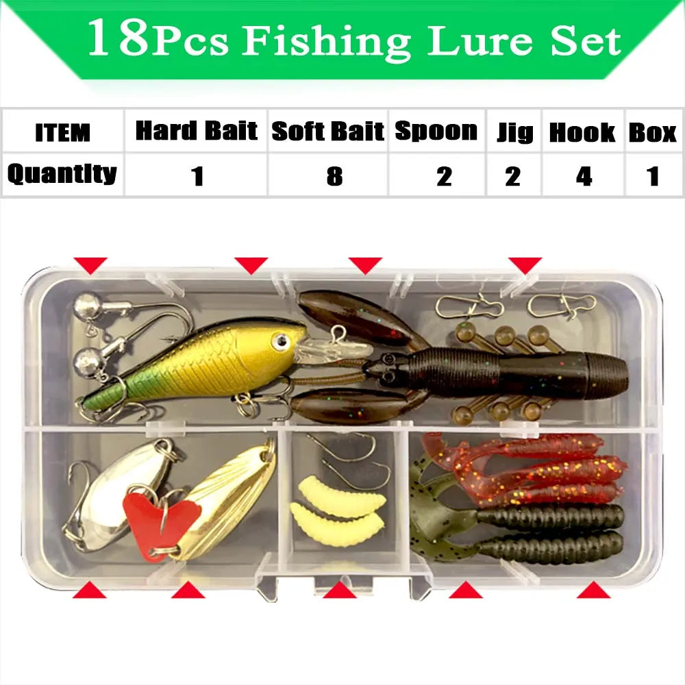 Kit de señuelos de pesca, juego de cebos blandos y duros, capa de engranajes Minnow, plantilla de metal, cuchara para bajo, lucio, accesorios de aparejos de manivela con caja