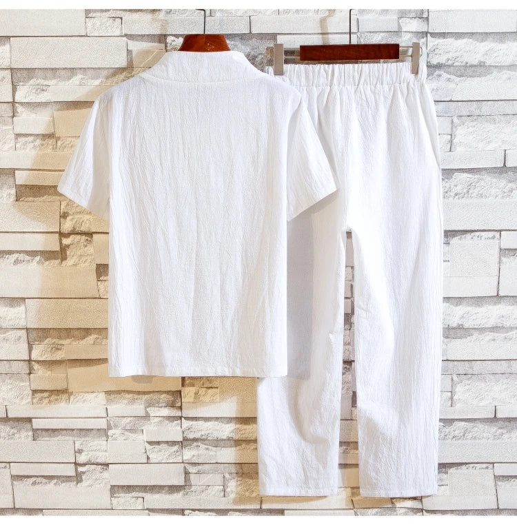 (Shirt + trousers) summer men shirt Man Cotton and linen shirts Short sleeve men's casual shirts men A set of clothes M-5XL