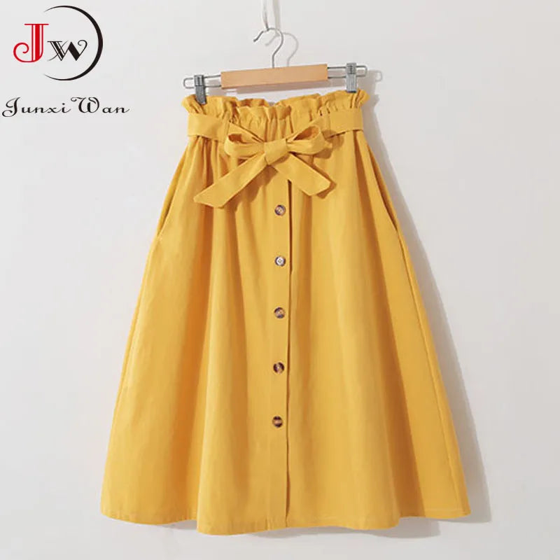 Women Summer Midi Skirt Girls Elegant Solid High Waist Spring Casual Single-Breasted Sashes Office Ladies A-Line Cotton Skirt
