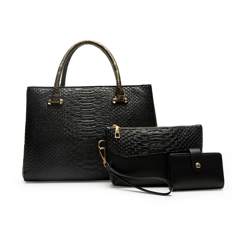 2022 Designer High Quality Soft PU Leather Women Handbag Set 3pcs Ladies Serpentine Vintage Tote Bag