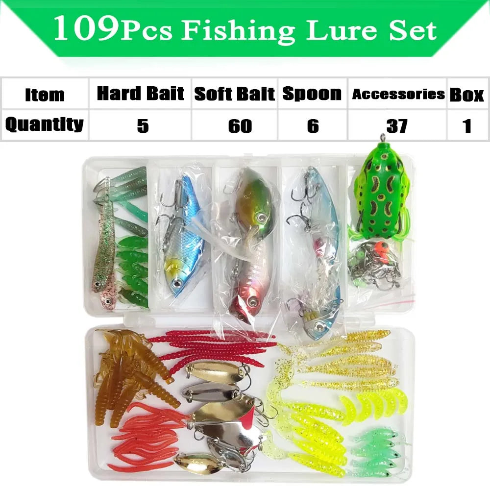 Kit de señuelos de pesca, juego de cebos blandos y duros, capa de engranajes Minnow, plantilla de metal, cuchara para bajo, lucio, accesorios de aparejos de manivela con caja