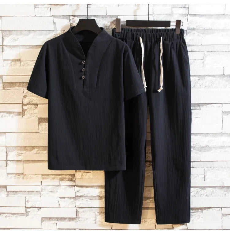 (Shirt + trousers) summer men shirt Man Cotton and linen shirts Short sleeve men's casual shirts men A set of clothes M-5XL