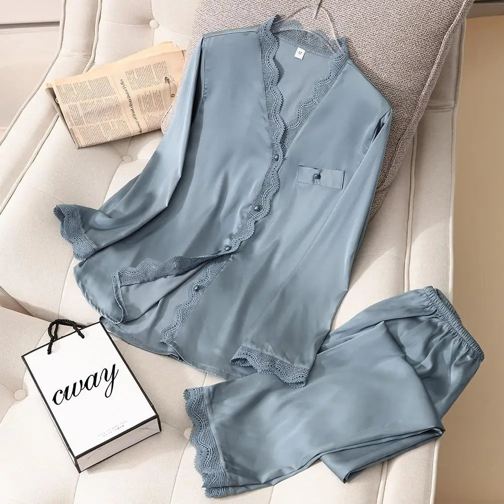 Conjunto de pijama de satén sedoso para mujer, manga larga, ropa de dormir casual, loungewear, rayón, 2 piezas para el hogar