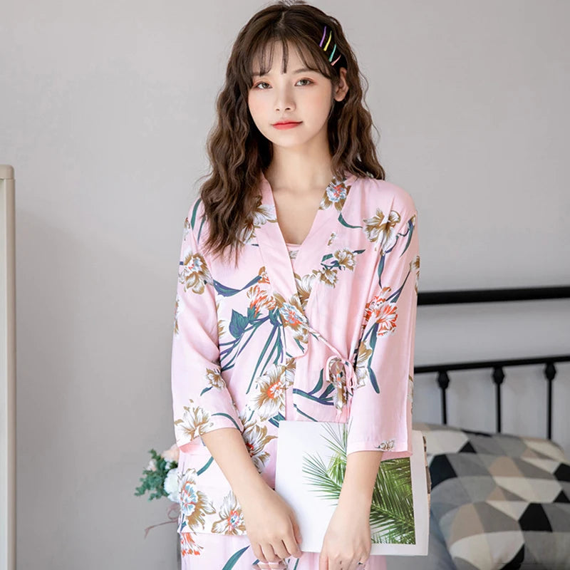 Women Sexy Pajama Sleepwear Sets Floral Printed Pyjama Femme Robe for Ladies Home Suit Spring Summer Nightwear Pijama 3 Pieces