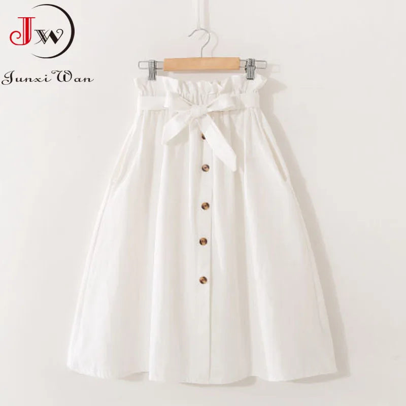 Women Summer Midi Skirt Girls Elegant Solid High Waist Spring Casual Single-Breasted Sashes Office Ladies A-Line Cotton Skirt