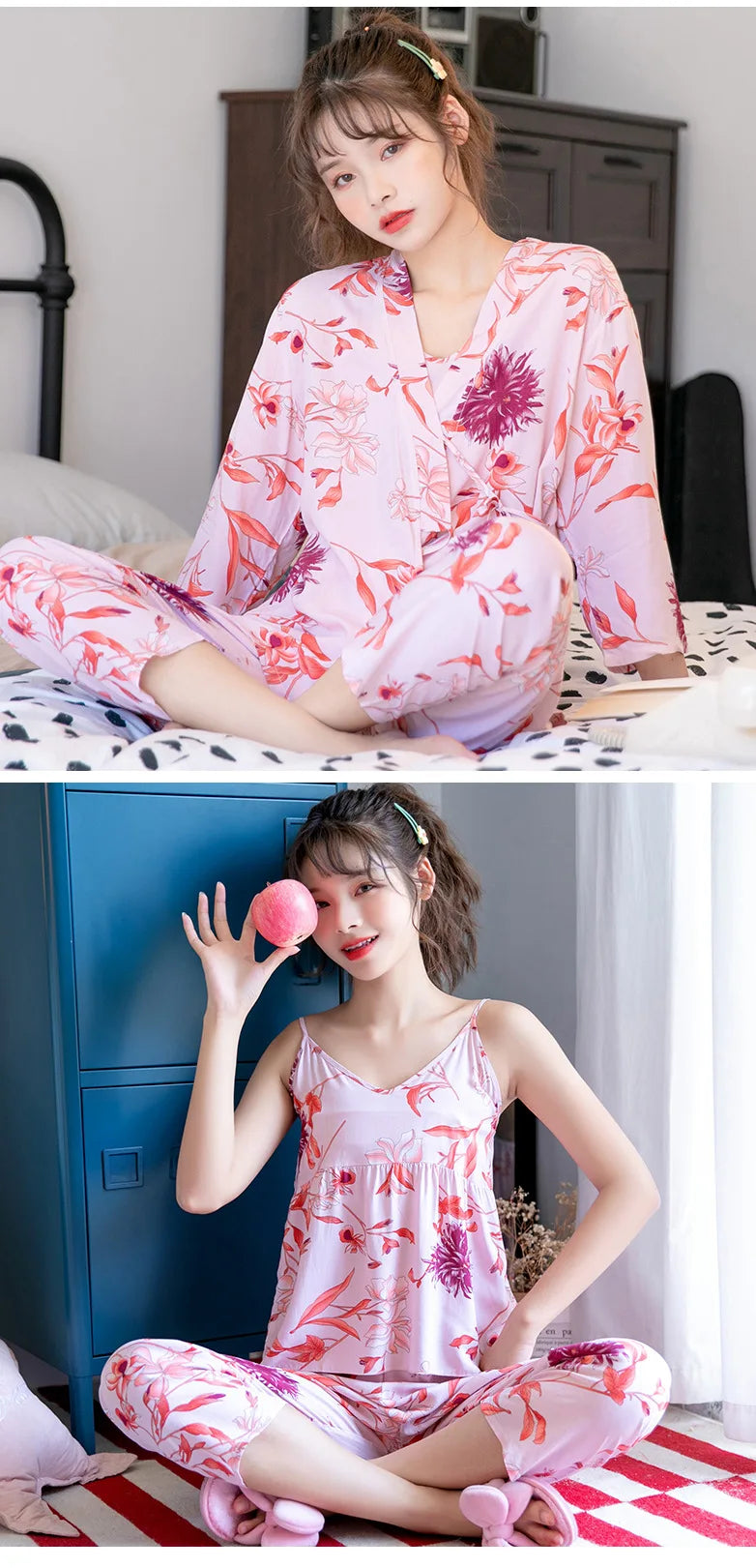 Women Sexy Pajama Sleepwear Sets Floral Printed Pyjama Femme Robe for Ladies Home Suit Spring Summer Nightwear Pijama 3 Pieces