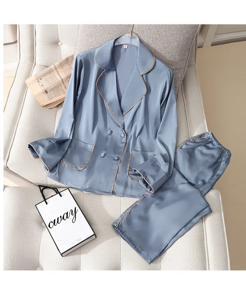 Conjunto de pijama de satén sedoso para mujer, manga larga, ropa de dormir casual, loungewear, rayón, 2 piezas para el hogar