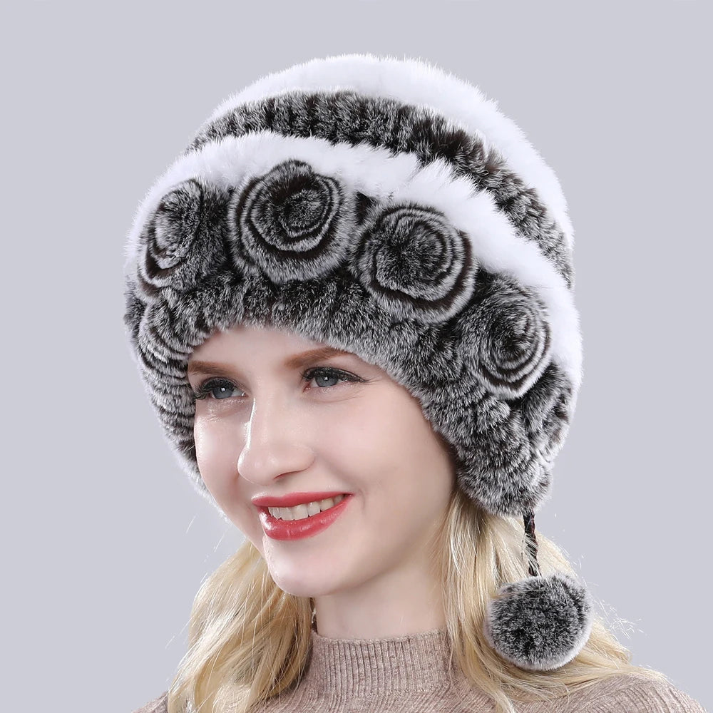 Hot Sale Winter Women Flowers Striped Natural Real Rex Rabbit Fur Hats Lady Warm Knit Genuine Fur Caps Russian Outdoor Fur Hats