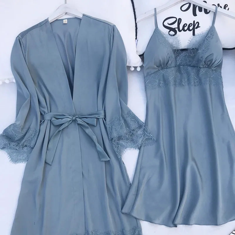 Pijama de cinco piezas para mujer, ropa de dormir para primavera y verano, camisón, bata de baño sexy de encaje, bata de satén de seda suelta para el hogar, ropa de estar en casa