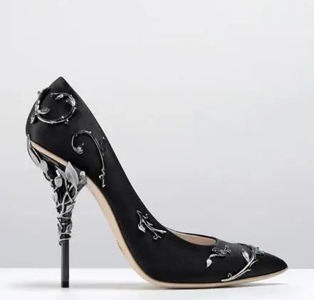 Luxury Leaves Metal Heel Pumps Women Shoes Pointed Toe Blue White Pink Black Silk Stiletto High Heels Wedding Bride Shoes 10cm