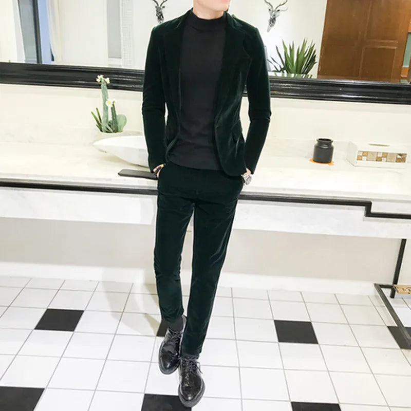 Mens Suits Wine Red Black Green Suits For Man Groom Wedding Velvet Tuxedo Velour Blazer Jackets Pants 2 Piece Costume Homme New