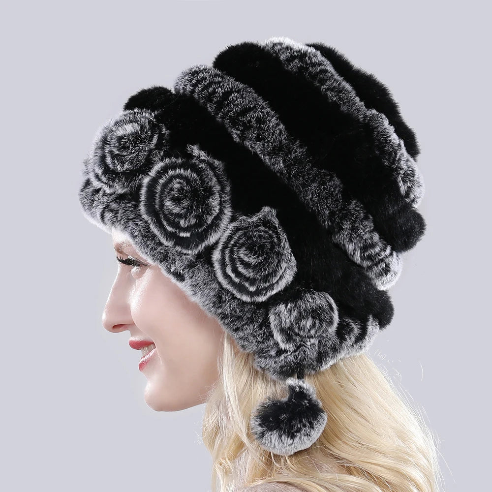 Hot Sale Winter Women Flowers Striped Natural Real Rex Rabbit Fur Hats Lady Warm Knit Genuine Fur Caps Russian Outdoor Fur Hats