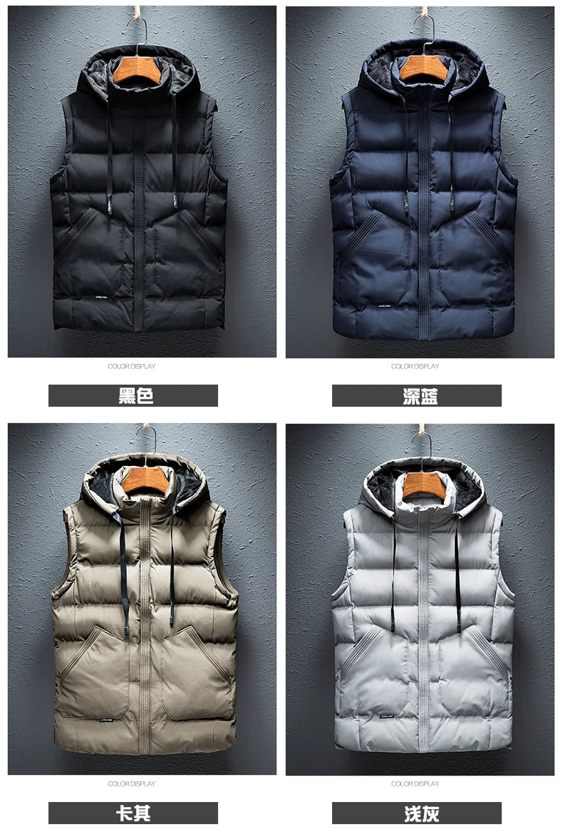 Winter Hooded Vests Male Vest Coats Men Stand Collar Thicken Waistcoats Clothing Mens Jacket Sleeveless Vest M-6XL Travel Vest