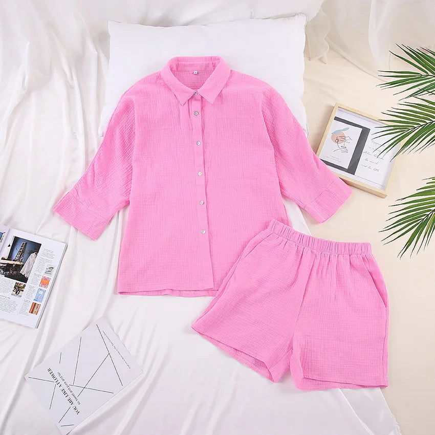 Cotton Pajamas For Women Sets Suit Casual Sleepwear Turn-Down Collar Nine Quarter Sleeve Sleep Tops Shorts Female Homewear 2023