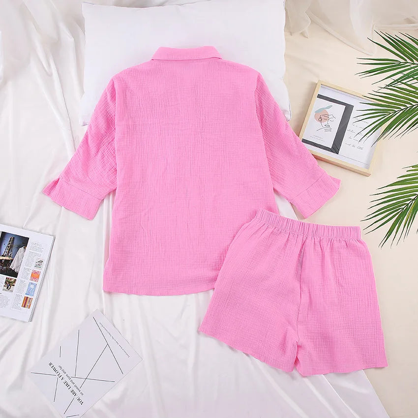Cotton Pajamas For Women Sets Suit Casual Sleepwear Turn-Down Collar Nine Quarter Sleeve Sleep Tops Shorts Female Homewear 2023