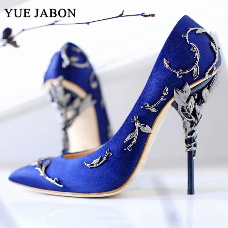 Luxury Leaves Metal Heel Pumps Women Shoes Pointed Toe Blue White Pink Black Silk Stiletto High Heels Wedding Bride Shoes 10cm