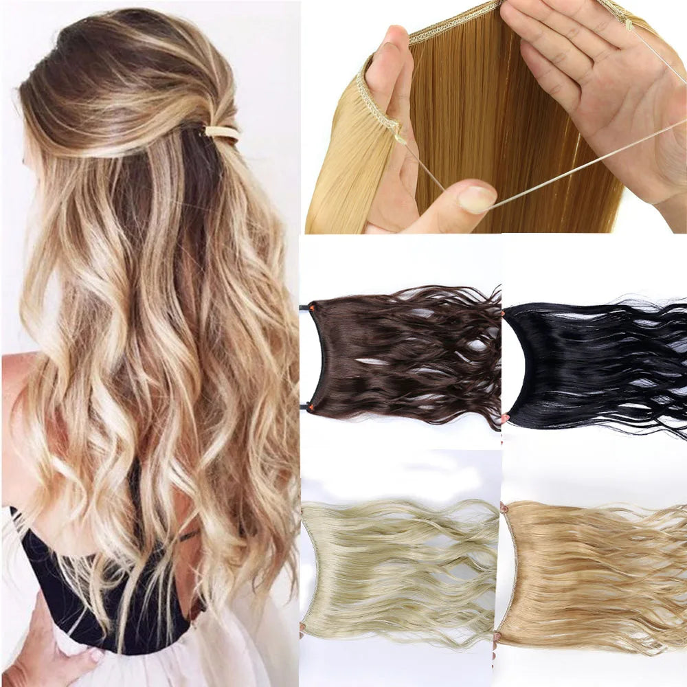 Allaosify Synthetic Hair Extension 24 Inch Curly Natural Black Red Brown Blonde Hairpieces With Fish Line Wavy False Hair Piece