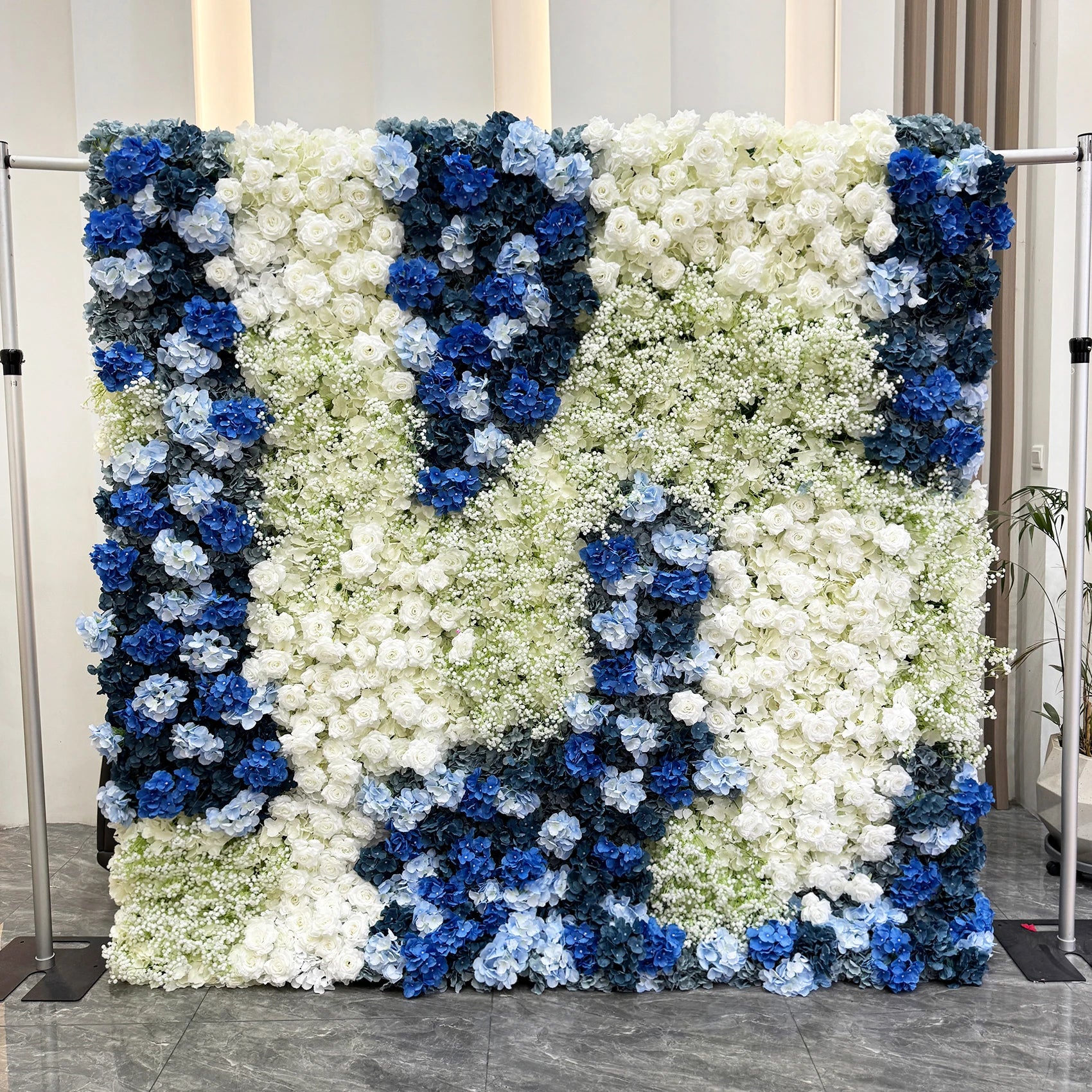 8*8 Lilac Blue Floral Wall Backdrop Panel Arrangement 3D Roll up Artifical Silk Rose Flower Wall for Home Wedding Party Decor