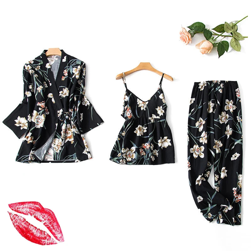 Women Sexy Pajama Sleepwear Sets Floral Printed Pyjama Femme Robe for Ladies Home Suit Spring Summer Nightwear Pijama 3 Pieces