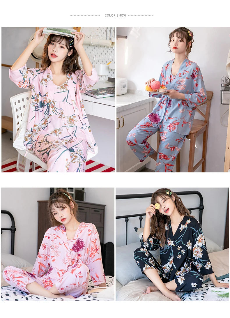 Women Sexy Pajama Sleepwear Sets Floral Printed Pyjama Femme Robe for Ladies Home Suit Spring Summer Nightwear Pijama 3 Pieces