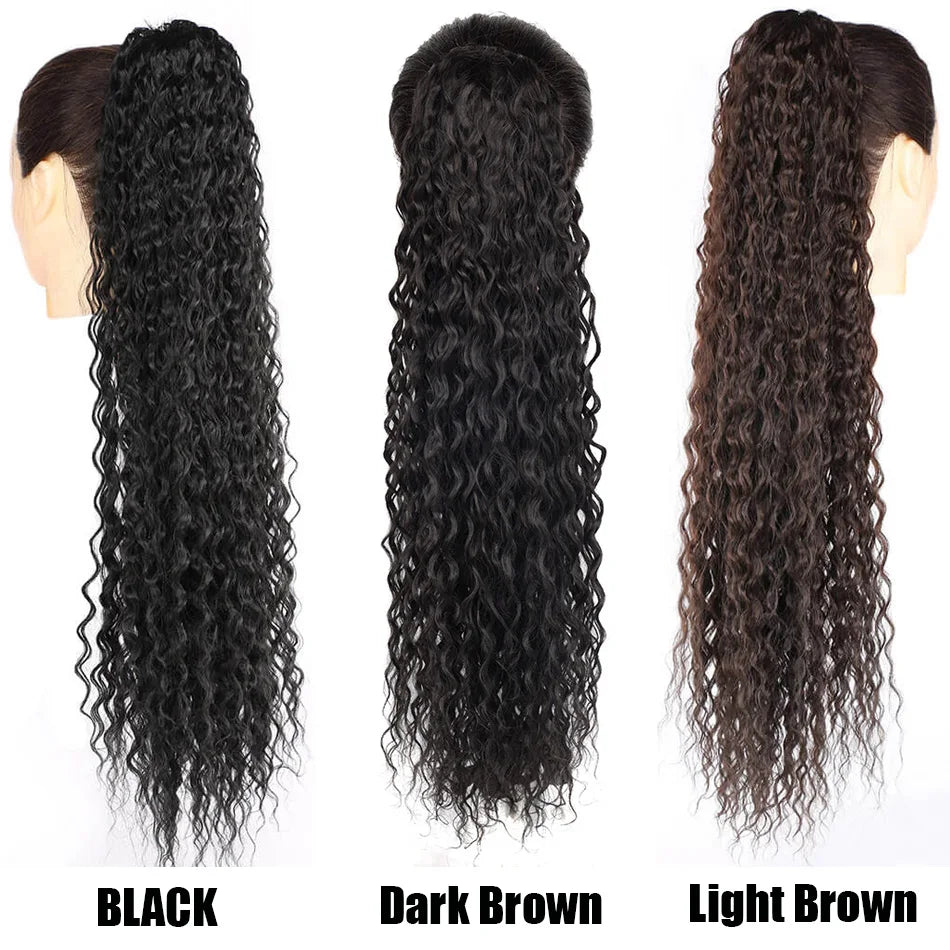 Queue de cheval bouclée Extensions à clip synthétiques avec cordon de serrage Perruque longue de 32 pouces Ondulée Afro Queue de cheval Faux Postiche pour femmes