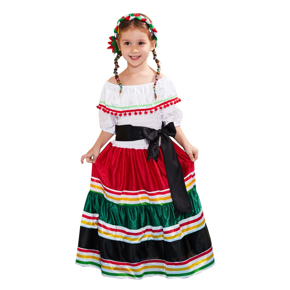 Eraspooky Traditional Folk Mexican Dress Women Girls Halloween Costume For Girl Mexico Carnival Party Family Dance Fancy Dress