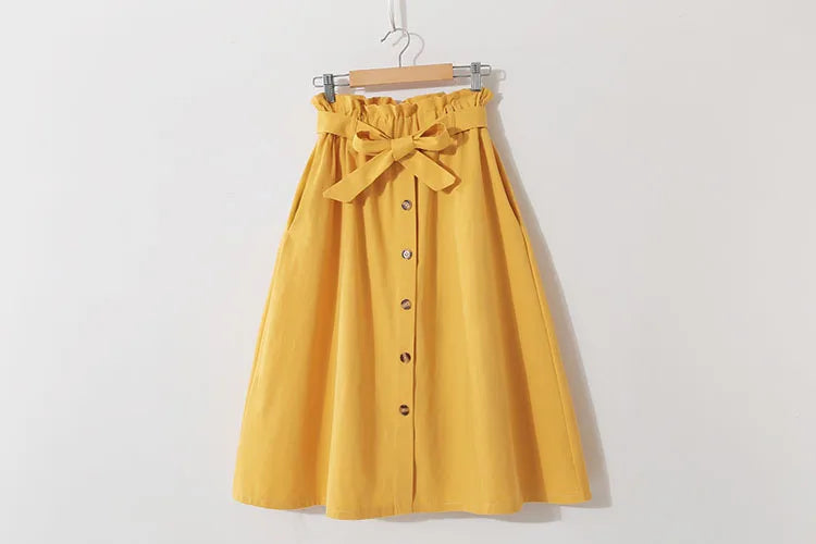 Women Summer Midi Skirt Girls Elegant Solid High Waist Spring Casual Single-Breasted Sashes Office Ladies A-Line Cotton Skirt