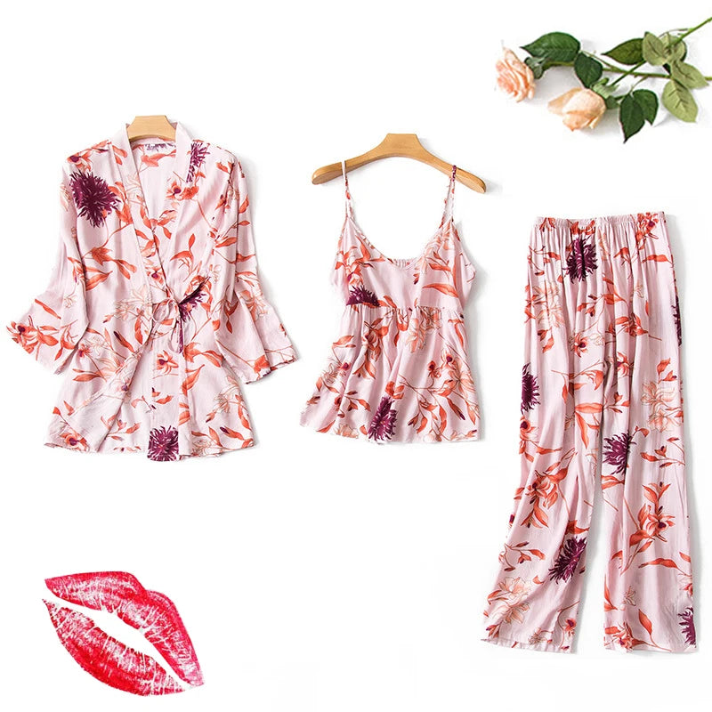 Women Sexy Pajama Sleepwear Sets Floral Printed Pyjama Femme Robe for Ladies Home Suit Spring Summer Nightwear Pijama 3 Pieces