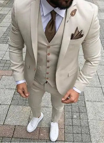 Men Suits With Pant 2024 Terno Masculino Slim Fit Smoking Formal Tuxedo Beige 3 Pieces Wedding Suits For Men Groomsman Suits
