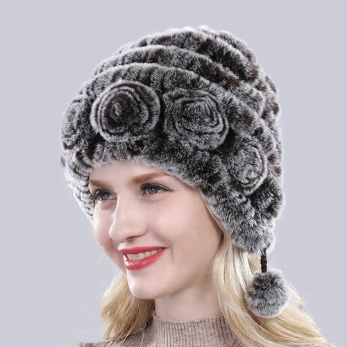 Hot Sale Winter Women Flowers Striped Natural Real Rex Rabbit Fur Hats Lady Warm Knit Genuine Fur Caps Russian Outdoor Fur Hats