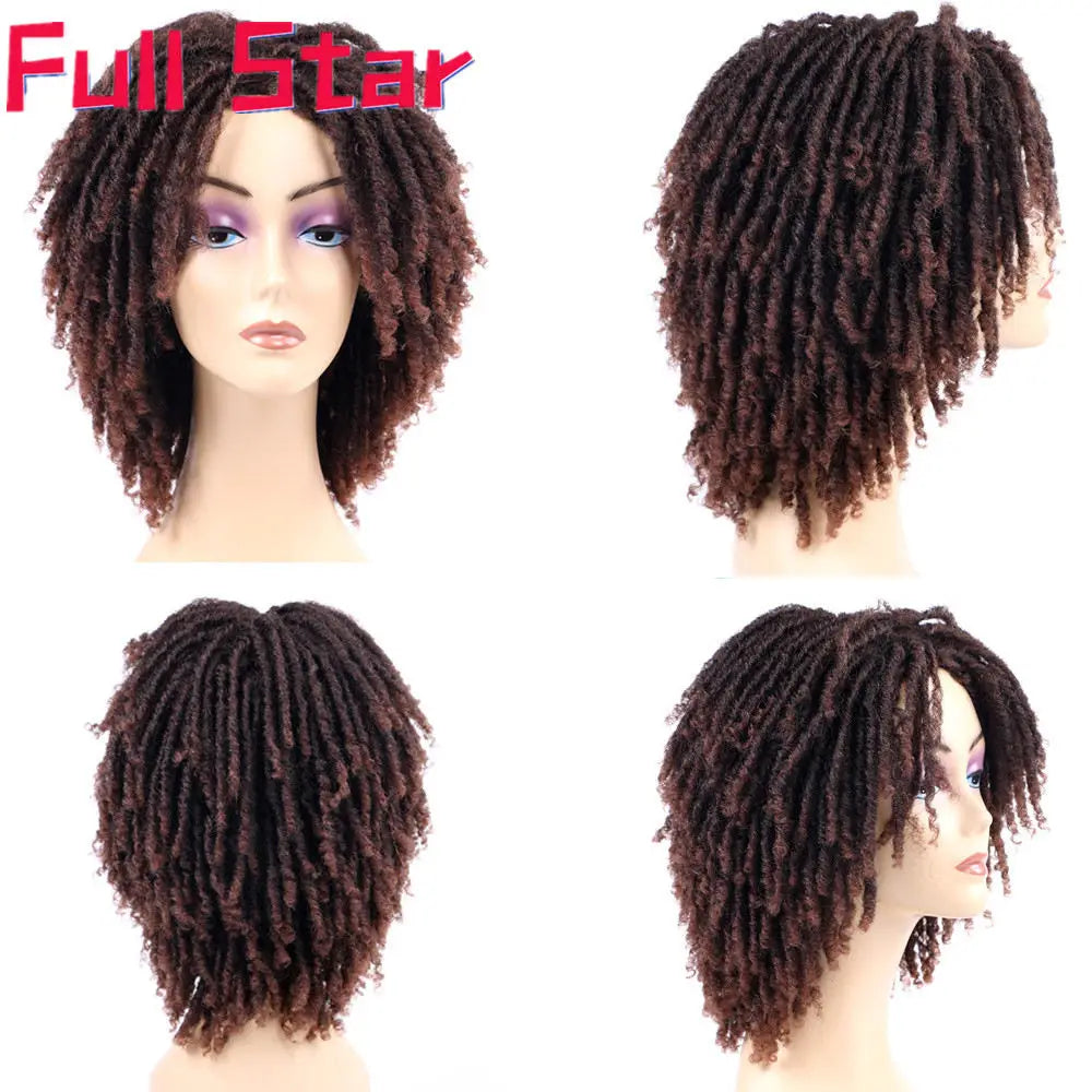 Full Star 14“ Dreadlock Curly Wigs for Black Woman Ombre Burgundy Brown Color Short Curly Soul Locs Braids Wigs Party Daily Use