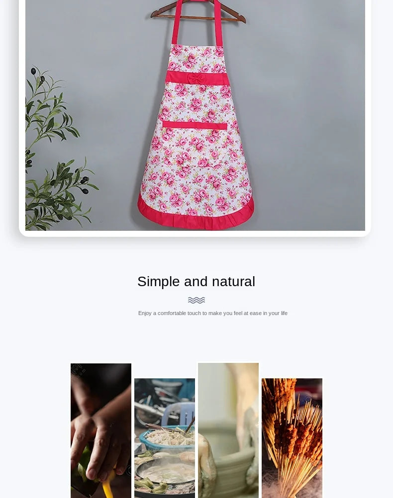 Oil-proof Cooking Apron for Women Adjustable Kitchen Cooking Coffee Shop Flower Printed Bowknot Cleaning Aprons with Pocket