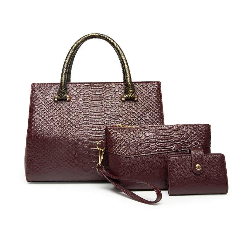 2022 Designer High Quality Soft PU Leather Women Handbag Set 3pcs Ladies Serpentine Vintage Tote Bag