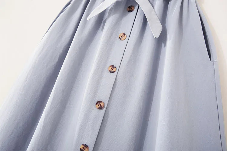Women Summer Midi Skirt Girls Elegant Solid High Waist Spring Casual Single-Breasted Sashes Office Ladies A-Line Cotton Skirt