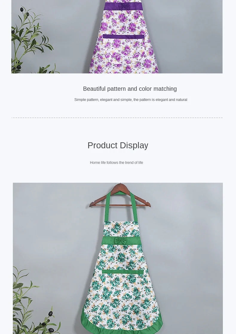 Oil-proof Cooking Apron for Women Adjustable Kitchen Cooking Coffee Shop Flower Printed Bowknot Cleaning Aprons with Pocket