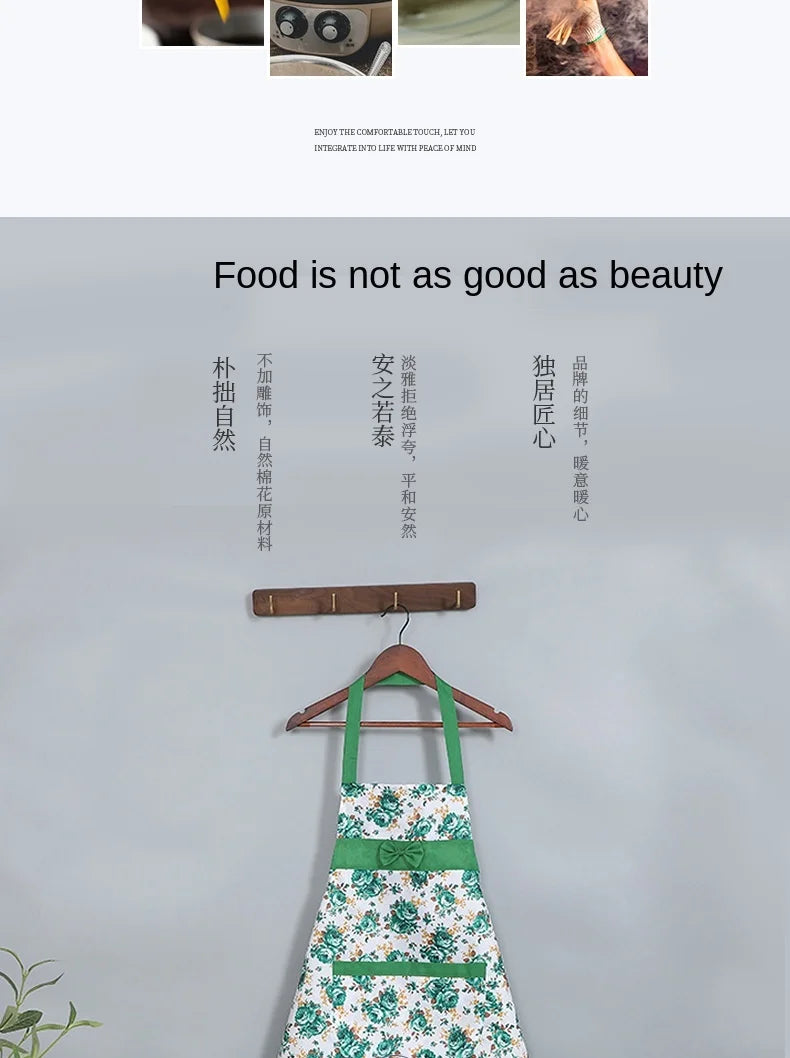 Oil-proof Cooking Apron for Women Adjustable Kitchen Cooking Coffee Shop Flower Printed Bowknot Cleaning Aprons with Pocket