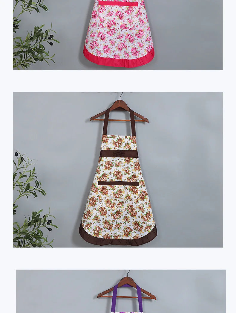 Oil-proof Cooking Apron for Women Adjustable Kitchen Cooking Coffee Shop Flower Printed Bowknot Cleaning Aprons with Pocket