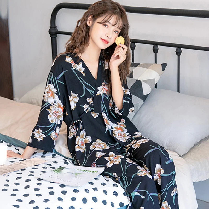Women Sexy Pajama Sleepwear Sets Floral Printed Pyjama Femme Robe for Ladies Home Suit Spring Summer Nightwear Pijama 3 Pieces