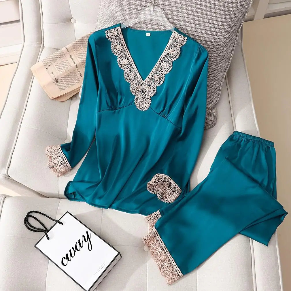 Conjunto de pijama de satén sedoso para mujer, manga larga, ropa de dormir casual, loungewear, rayón, 2 piezas para el hogar
