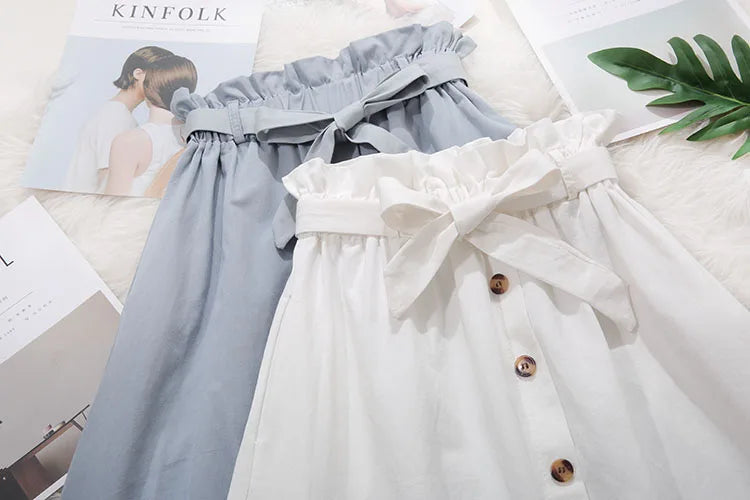 Women Summer Midi Skirt Girls Elegant Solid High Waist Spring Casual Single-Breasted Sashes Office Ladies A-Line Cotton Skirt