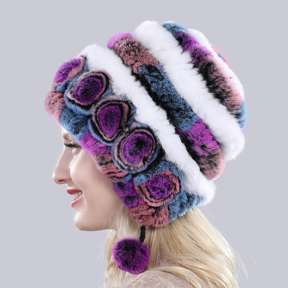 Hot Sale Winter Women Flowers Striped Natural Real Rex Rabbit Fur Hats Lady Warm Knit Genuine Fur Caps Russian Outdoor Fur Hats