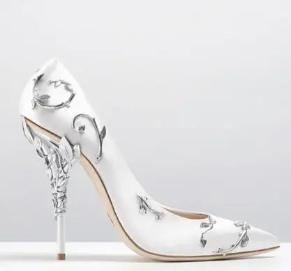 Luxury Leaves Metal Heel Pumps Women Shoes Pointed Toe Blue White Pink Black Silk Stiletto High Heels Wedding Bride Shoes 10cm