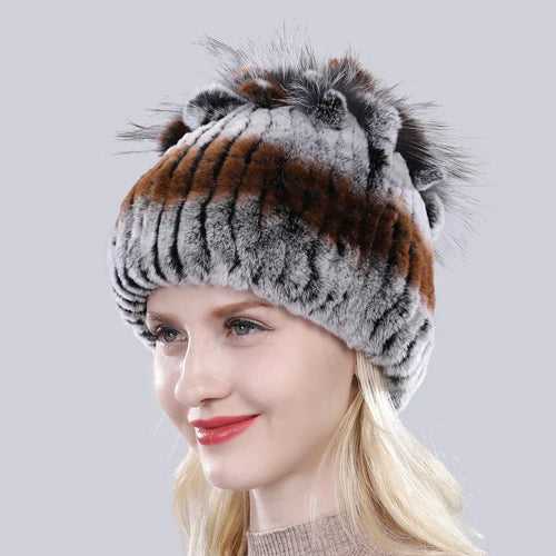 Hot Sale Russia Winter Quality Real Fur Hat Natural Warm Rex Rabbit Fur Cap Lady Warm Knitted 100% Genuine Rex Rabbit Fur Hats