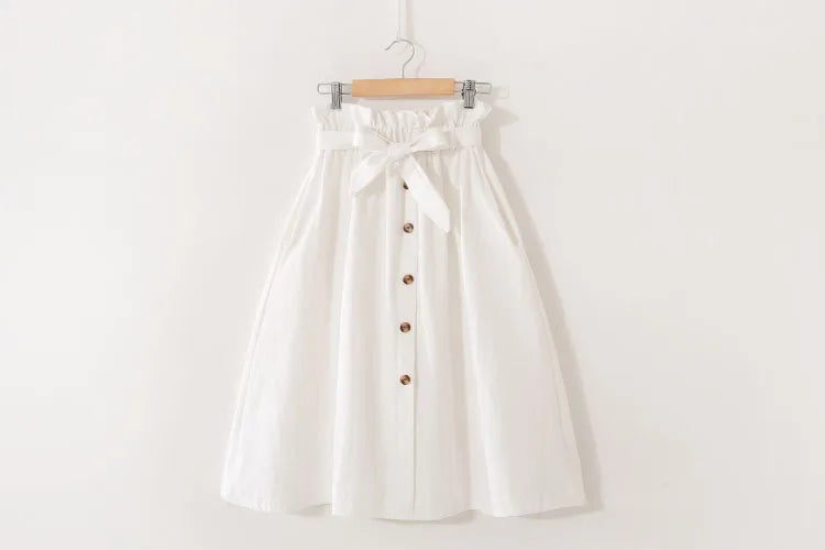 Women Summer Midi Skirt Girls Elegant Solid High Waist Spring Casual Single-Breasted Sashes Office Ladies A-Line Cotton Skirt