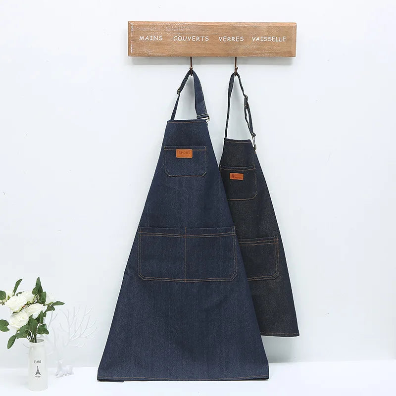 Tablier de cuisine unisexe en denim réglable pour homme et femme avec poche pour chef, cuisine, pâtisserie, nettoyage de la maison