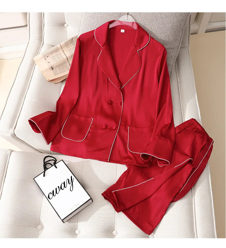 Conjunto de pijama de satén sedoso para mujer, manga larga, ropa de dormir casual, loungewear, rayón, 2 piezas para el hogar