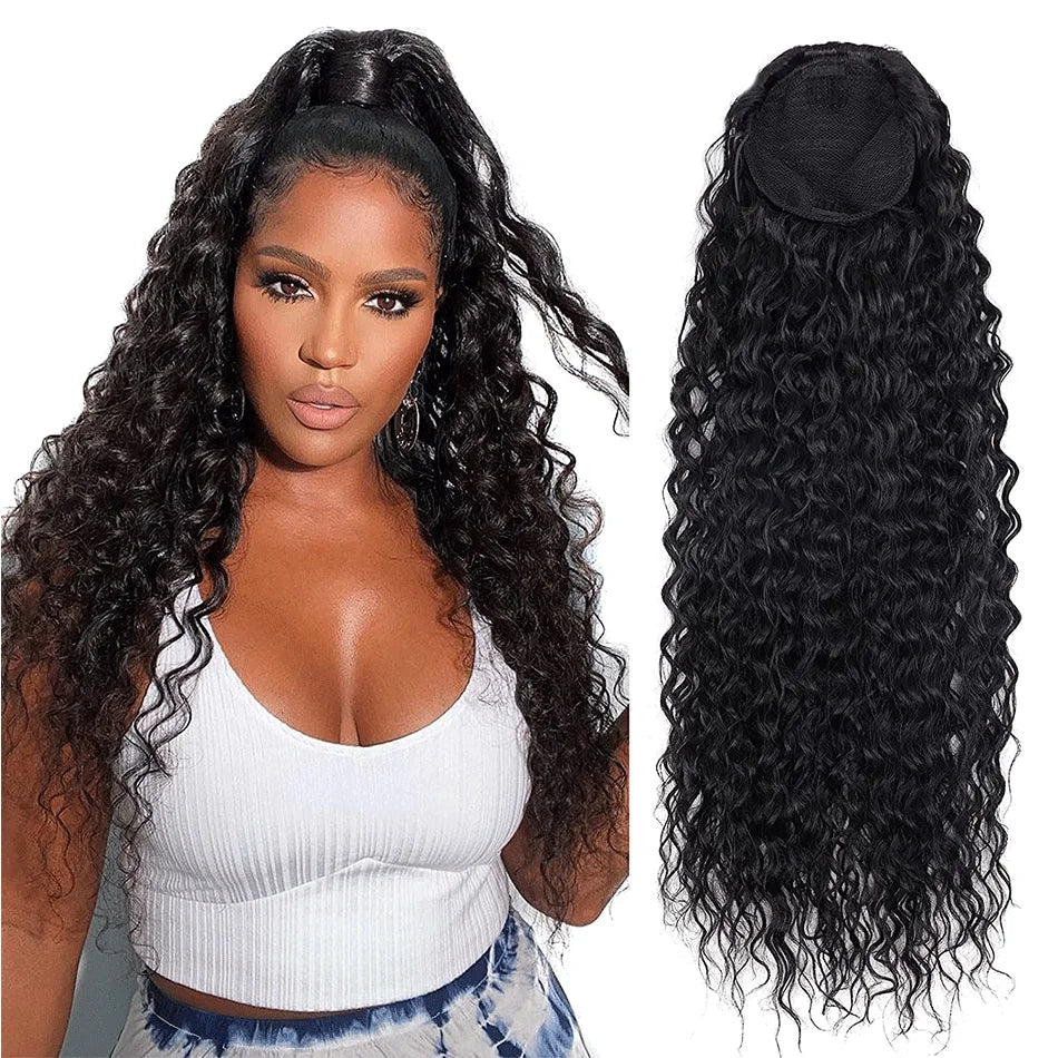 Queue de cheval bouclée Extensions à clip synthétiques avec cordon de serrage Perruque longue de 32 pouces Ondulée Afro Queue de cheval Faux Postiche pour femmes