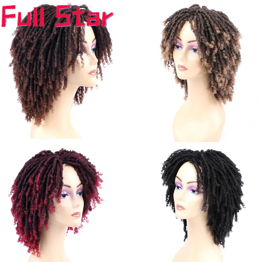Full Star 14“ Dreadlock Curly Wigs for Black Woman Ombre Burgundy Brown Color Short Curly Soul Locs Braids Wigs Party Daily Use