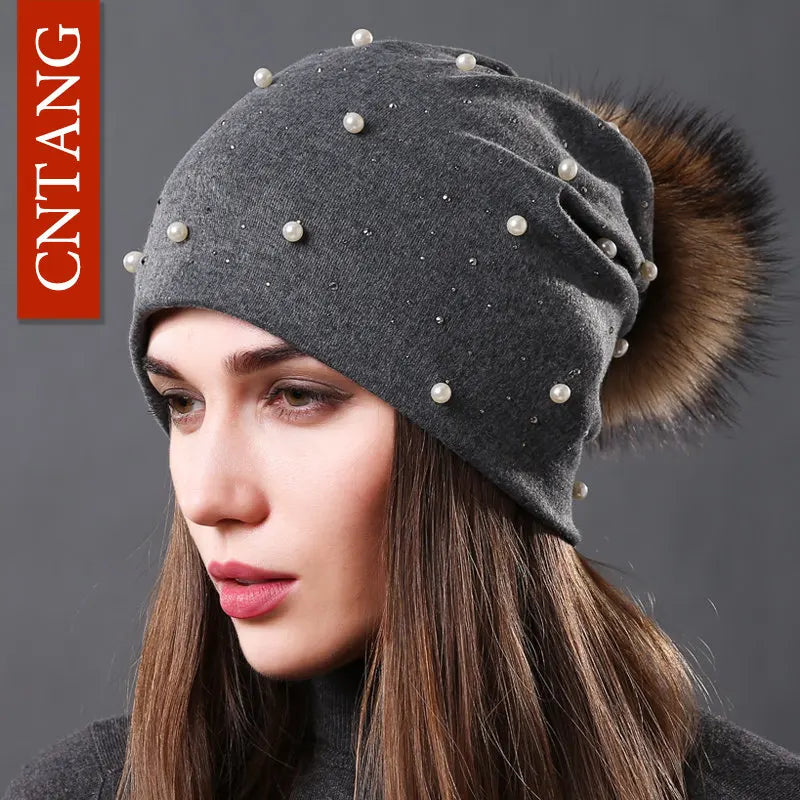 CNTANG Women's Fashion Hat Autumn Winter Rhinestones Pearl Hats Female Beanies Natural Raccoon Fur Pompom Cotton Warm Caps